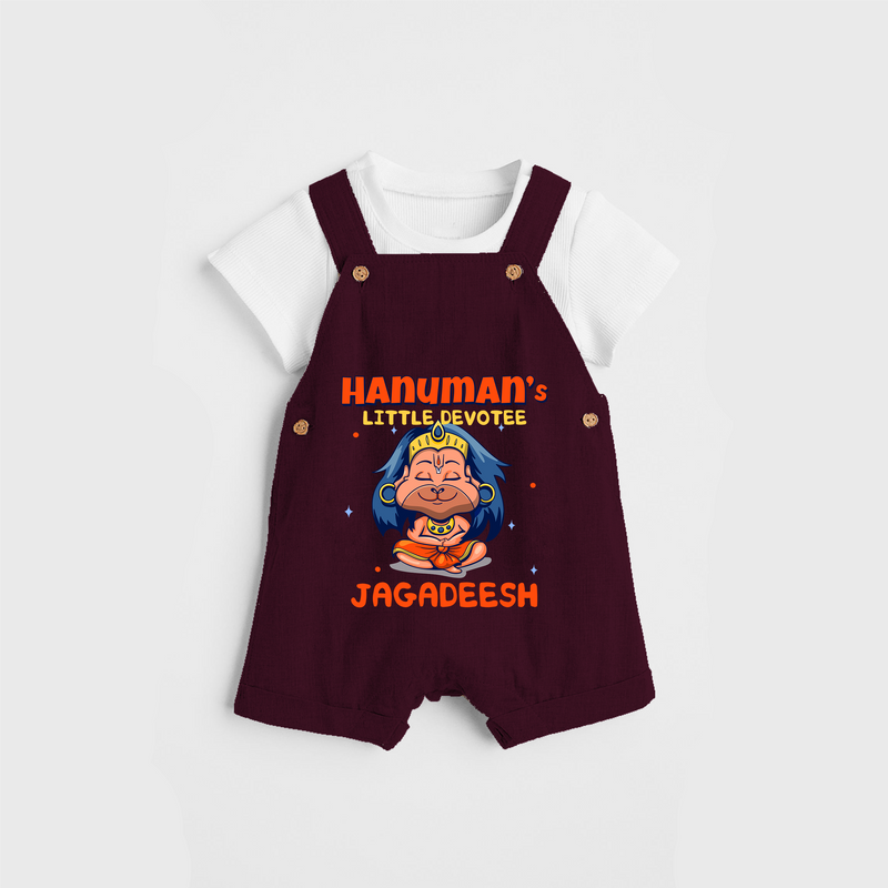 Embrace tradition with "Hanuman's Little Devotee" Customised Dungaree set for Kids - MAROON - 0 - 3 Months Old (Chest 17")