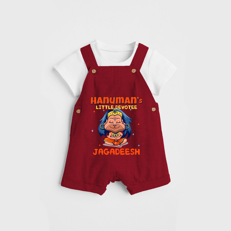 Embrace tradition with "Hanuman's Little Devotee" Customised Dungaree set for Kids - RED - 0 - 3 Months Old (Chest 17")