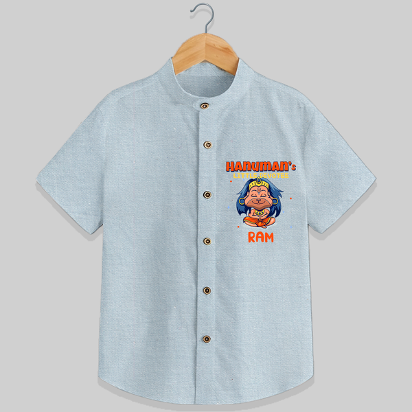 Embrace tradition with "Hanuman's Little Devotee" Customised  Shirt for kids - PASTEL BLUE CHAMBREY - 0 - 6 Months Old (Chest 21")