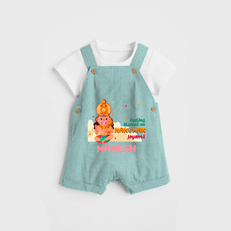 Celebrate new beginnings with our "Feeling Blessed On Hanuman Jayanti" Customised Dungaree set for Kids - AQUA BLUE - 0 - 3 Months Old (Chest 17")