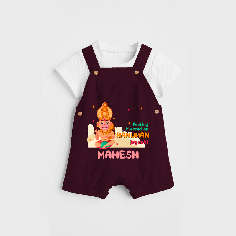 Celebrate new beginnings with our "Feeling Blessed On Hanuman Jayanti" Customised Dungaree set for Kids - MAROON - 0 - 3 Months Old (Chest 17")