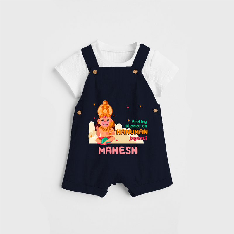 Celebrate new beginnings with our "Feeling Blessed On Hanuman Jayanti" Customised Dungaree set for Kids - NAVY BLUE - 0 - 3 Months Old (Chest 17")