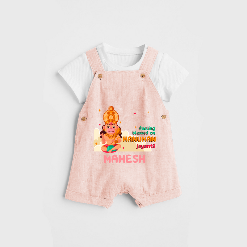 Celebrate new beginnings with our "Feeling Blessed On Hanuman Jayanti" Customised Dungaree set for Kids - PEACH - 0 - 3 Months Old (Chest 17")