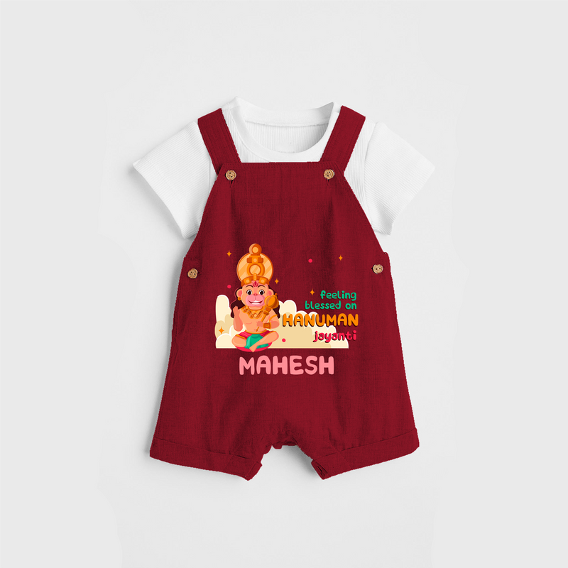 Celebrate new beginnings with our "Feeling Blessed On Hanuman Jayanti" Customised Dungaree set for Kids - RED - 0 - 3 Months Old (Chest 17")