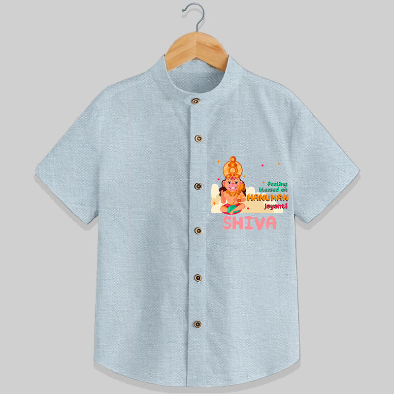 Celebrate new beginnings with our "Feeling Blessed On Hanuman Jayanti" Customised  Shirt for kids - PASTEL BLUE CHAMBREY - 0 - 6 Months Old (Chest 21")