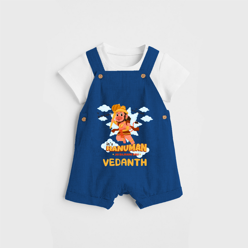 Elevate your wardrobe with "Fearless Like Hanuman" Customised Dungaree set for Kids - COBALT BLUE - 0 - 3 Months Old (Chest 17")