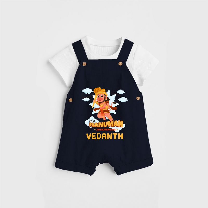 Elevate your wardrobe with "Fearless Like Hanuman" Customised Dungaree set for Kids - NAVY BLUE - 0 - 3 Months Old (Chest 17")
