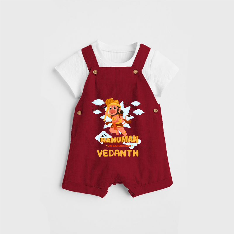 Elevate your wardrobe with "Fearless Like Hanuman" Customised Dungaree set for Kids - RED - 0 - 3 Months Old (Chest 17")