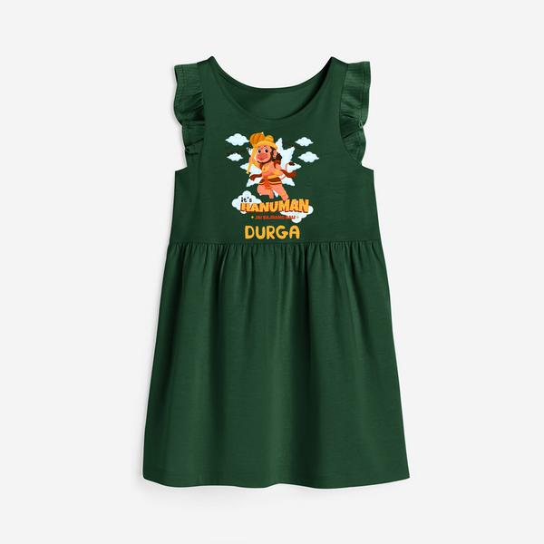 Elevate your wardrobe with "Fearless Like Hanuman" Customised  Girls Frock - BOTTLE GREEN - 0 - 6 Months Old (Chest 18")