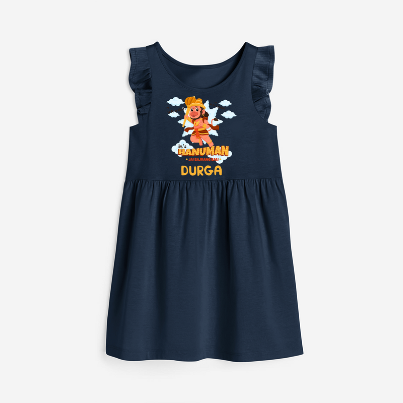 Elevate your wardrobe with "Fearless Like Hanuman" Customised  Girls Frock - NAVY BLUE - 0 - 6 Months Old (Chest 18")