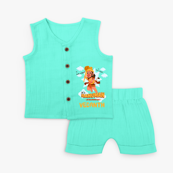 Elevate your wardrobe with "Fearless Like Hanuman" Customised Jabla set for Kids - AQUA GREEN - 0 - 3 Months Old (Chest 9.8")