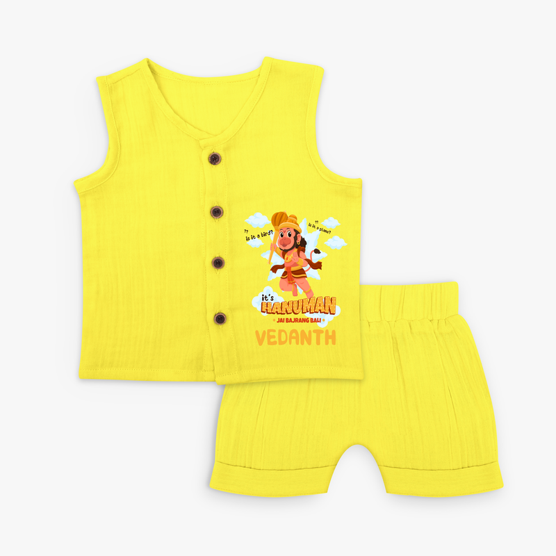 Elevate your wardrobe with "Fearless Like Hanuman" Customised Jabla set for Kids - YELLOW - 0 - 3 Months Old (Chest 9.8")