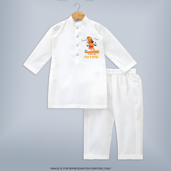 Elevate your wardrobe with "Fearless Like Hanuman" Customised  Kurta set for kids - WHITE - 0 - 6 Months Old (Chest 22", Waist 18", Pant Length 16")