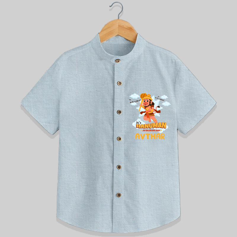Elevate your wardrobe with "Fearless Like Hanuman" Customised  Shirt for kids - PASTEL BLUE CHAMBREY - 0 - 6 Months Old (Chest 21")