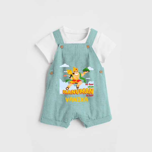 Infuse elegance and charm into your celebrations with "No Fear When Hanuman Is Near" Customised Dungaree set for Kids - AQUA BLUE - 0 - 3 Months Old (Chest 17")
