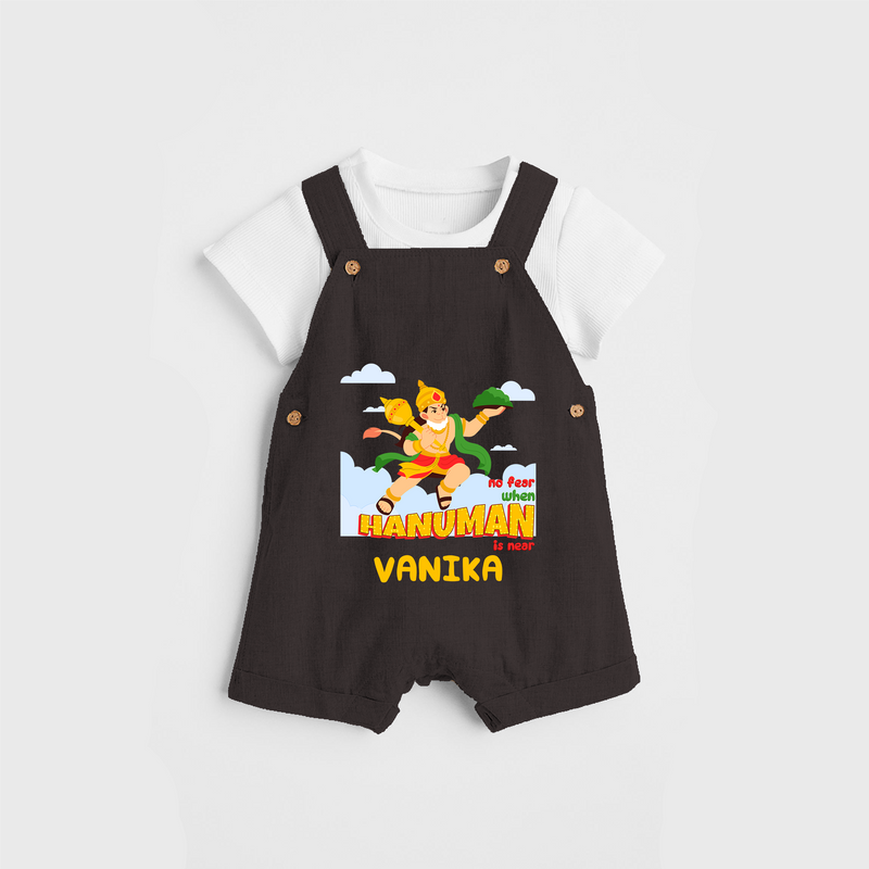 Infuse elegance and charm into your celebrations with "No Fear When Hanuman Is Near" Customised Dungaree set for Kids - CHOCOLATE BROWN - 0 - 3 Months Old (Chest 17")