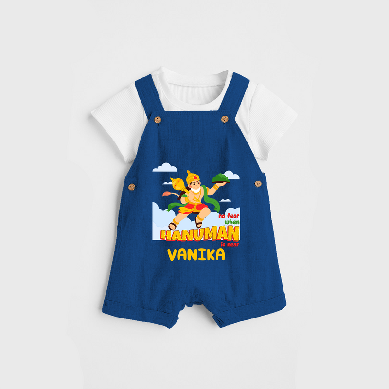 Infuse elegance and charm into your celebrations with "No Fear When Hanuman Is Near" Customised Dungaree set for Kids - COBALT BLUE - 0 - 3 Months Old (Chest 17")