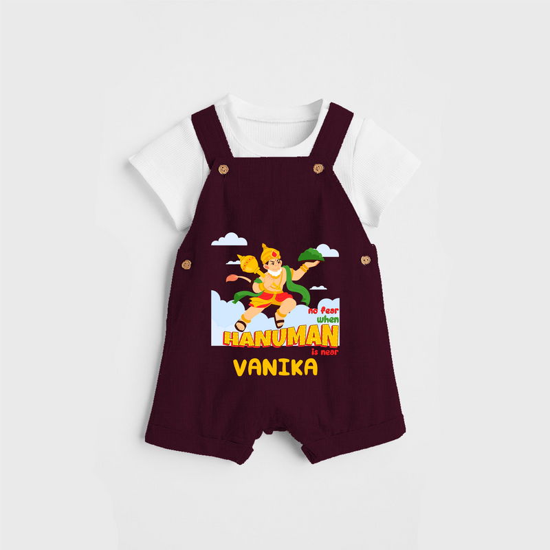 Infuse elegance and charm into your celebrations with "No Fear When Hanuman Is Near" Customised Dungaree set for Kids - MAROON - 0 - 3 Months Old (Chest 17")