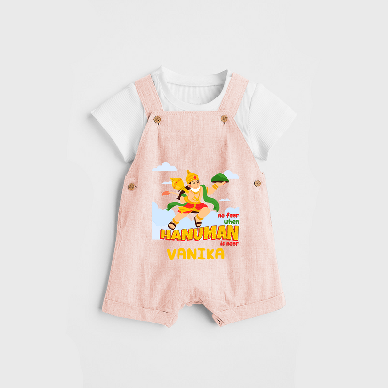 Infuse elegance and charm into your celebrations with "No Fear When Hanuman Is Near" Customised Dungaree set for Kids - PEACH - 0 - 3 Months Old (Chest 17")