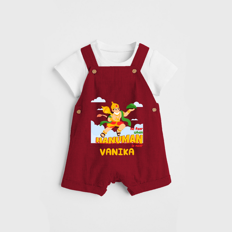 Infuse elegance and charm into your celebrations with "No Fear When Hanuman Is Near" Customised Dungaree set for Kids - RED - 0 - 3 Months Old (Chest 17")