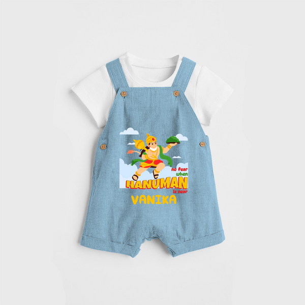 Infuse elegance and charm into your celebrations with "No Fear When Hanuman Is Near" Customised Dungaree set for Kids - SKY BLUE - 0 - 3 Months Old (Chest 17")