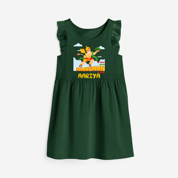 Infuse elegance and charm into your celebrations with "No Fear When Hanuman Is Near" Customised Girls Frock - BOTTLE GREEN - 0 - 6 Months Old (Chest 18")