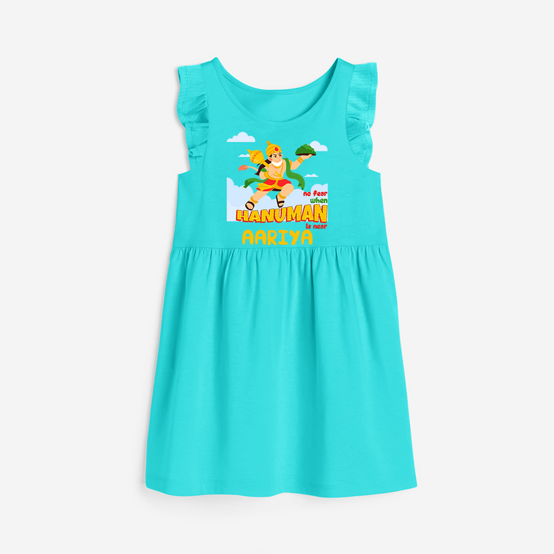 Infuse elegance and charm into your celebrations with "No Fear When Hanuman Is Near" Customised Girls Frock - LIGHT BLUE - 0 - 6 Months Old (Chest 18")