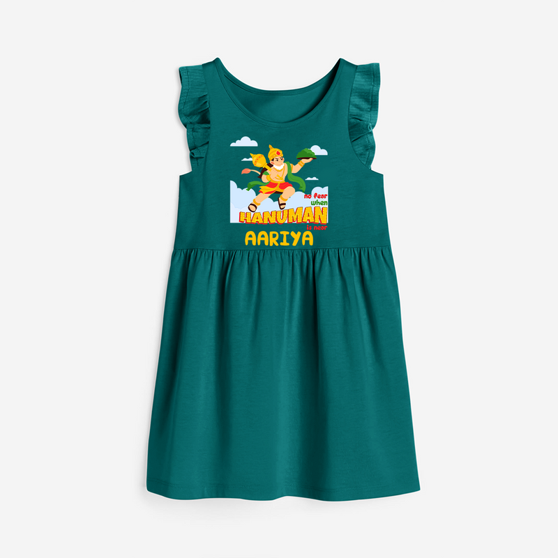 Infuse elegance and charm into your celebrations with "No Fear When Hanuman Is Near" Customised Girls Frock - MYRTLE GREEN - 0 - 6 Months Old (Chest 18")