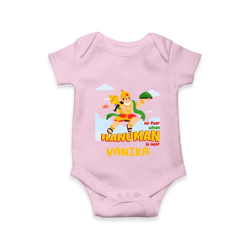 Infuse elegance and charm into your celebrations with "No Fear When Hanuman Is Near" Customised Romper for Kids - BABY PINK - 0 - 3 Months Old (Chest 16")