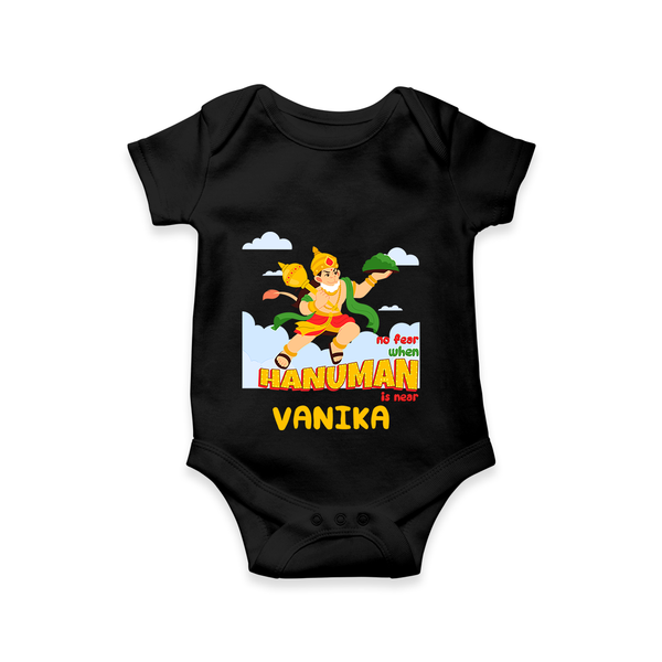 Infuse elegance and charm into your celebrations with "No Fear When Hanuman Is Near" Customised Romper for Kids - BLACK - 0 - 3 Months Old (Chest 16")