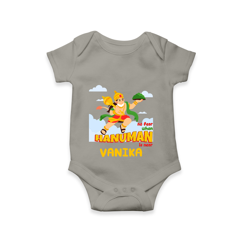 Infuse elegance and charm into your celebrations with "No Fear When Hanuman Is Near" Customised Romper for Kids - GREY - 0 - 3 Months Old (Chest 16")