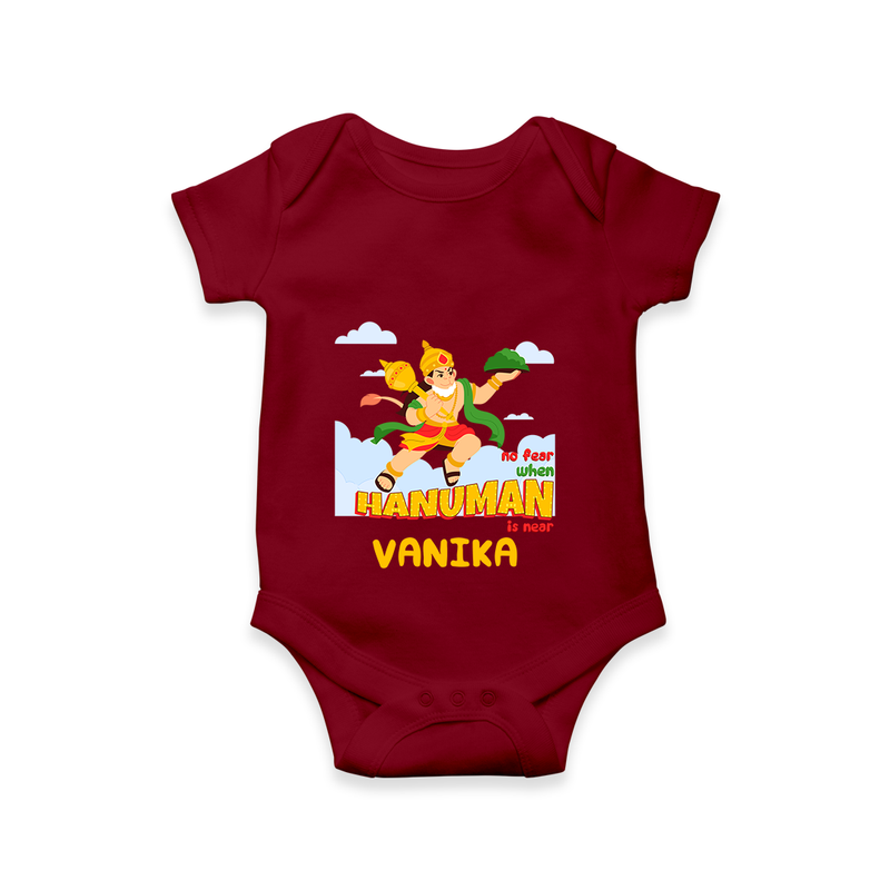 Infuse elegance and charm into your celebrations with "No Fear When Hanuman Is Near" Customised Romper for Kids - MAROON - 0 - 3 Months Old (Chest 16")
