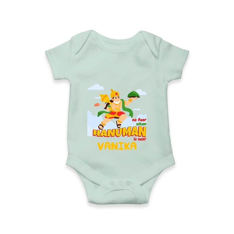 Infuse elegance and charm into your celebrations with "No Fear When Hanuman Is Near" Customised Romper for Kids - MINT GREEN - 0 - 3 Months Old (Chest 16")