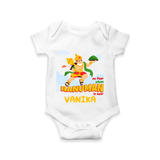 Infuse elegance and charm into your celebrations with "No Fear When Hanuman Is Near" Customised Romper for Kids - WHITE - 0 - 3 Months Old (Chest 16")