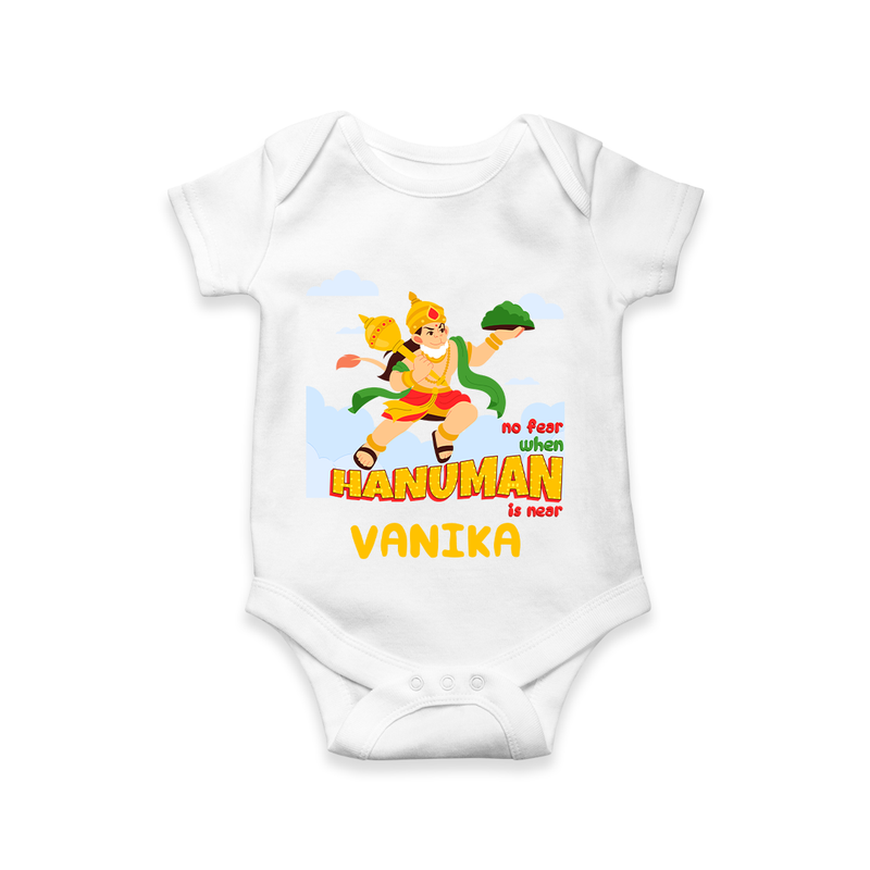 Infuse elegance and charm into your celebrations with "No Fear When Hanuman Is Near" Customised Romper for Kids - WHITE - 0 - 3 Months Old (Chest 16")