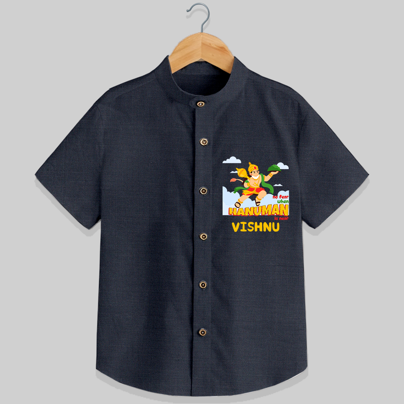 Infuse elegance and charm into your celebrations with "No Fear When Hanuman Is Near" Customised  Shirt for kids - DARK GREY - 0 - 6 Months Old (Chest 21")