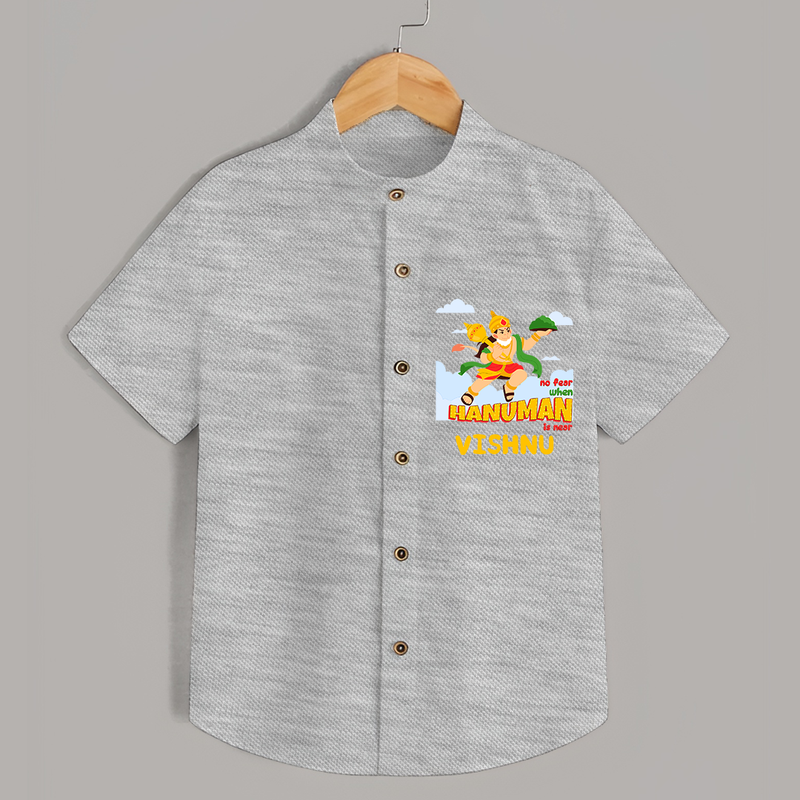 Infuse elegance and charm into your celebrations with "No Fear When Hanuman Is Near" Customised  Shirt for kids - GREY SLUB - 0 - 6 Months Old (Chest 21")