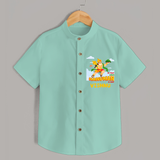 Infuse elegance and charm into your celebrations with "No Fear When Hanuman Is Near" Customised  Shirt for kids - MINT GREEN - 0 - 6 Months Old (Chest 21")