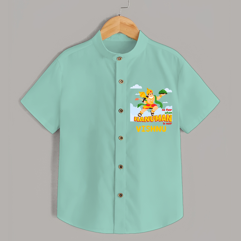 Infuse elegance and charm into your celebrations with "No Fear When Hanuman Is Near" Customised  Shirt for kids - MINT GREEN - 0 - 6 Months Old (Chest 21")