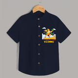 Infuse elegance and charm into your celebrations with "No Fear When Hanuman Is Near" Customised  Shirt for kids - NAVY BLUE - 0 - 6 Months Old (Chest 21")