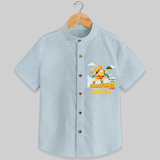 Infuse elegance and charm into your celebrations with "No Fear When Hanuman Is Near" Customised  Shirt for kids - PASTEL BLUE CHAMBREY - 0 - 6 Months Old (Chest 21")