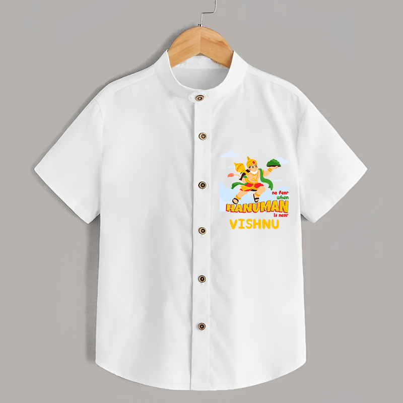 Infuse elegance and charm into your celebrations with "No Fear When Hanuman Is Near" Customised  Shirt for kids - WHITE - 0 - 6 Months Old (Chest 21")