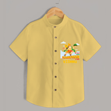 Infuse elegance and charm into your celebrations with "No Fear When Hanuman Is Near" Customised  Shirt for kids - YELLOW - 0 - 6 Months Old (Chest 21")
