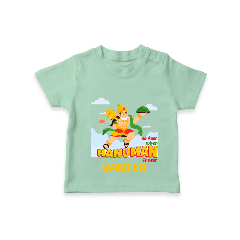 Infuse elegance and charm into your celebrations with "No Fear When Hanuman Is Near" Customised T-Shirt for Kids - MINT GREEN - 0 - 5 Months Old (Chest 17")