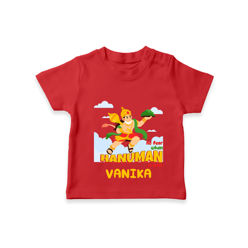 Infuse elegance and charm into your celebrations with "No Fear When Hanuman Is Near" Customised T-Shirt for Kids - RED - 0 - 5 Months Old (Chest 17")