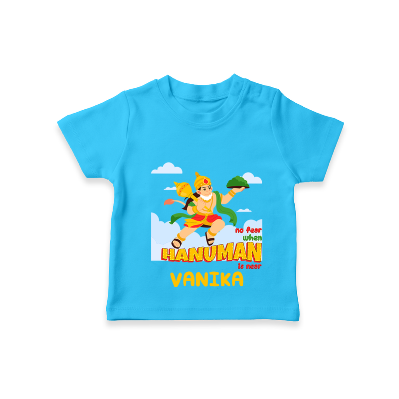 Infuse elegance and charm into your celebrations with "No Fear When Hanuman Is Near" Customised T-Shirt for Kids - SKY BLUE - 0 - 5 Months Old (Chest 17")