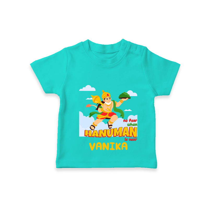 Infuse elegance and charm into your celebrations with "No Fear When Hanuman Is Near" Customised T-Shirt for Kids - TEAL - 0 - 5 Months Old (Chest 17")