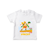 Infuse elegance and charm into your celebrations with "No Fear When Hanuman Is Near" Customised T-Shirt for Kids - WHITE - 0 - 5 Months Old (Chest 17")