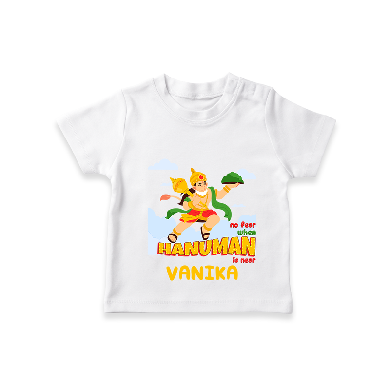 Infuse elegance and charm into your celebrations with "No Fear When Hanuman Is Near" Customised T-Shirt for Kids - WHITE - 0 - 5 Months Old (Chest 17")