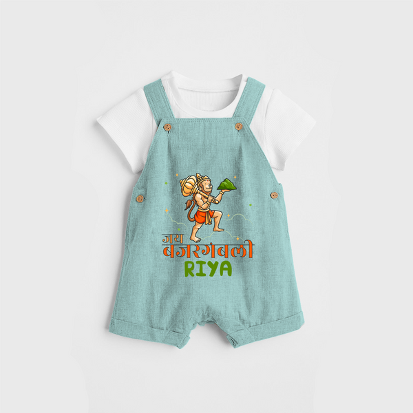 Make a statement with "Jai Bajrang Bali" vibrant colors Customised Dungaree set for Kids - AQUA BLUE - 0 - 3 Months Old (Chest 17")